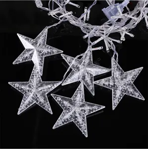 Detailed view of LED star string lights featuring transparent star pendants and clear power wires.