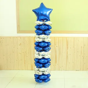 Balloon stand column for party decoration, blue star and metallic foil balloons set.