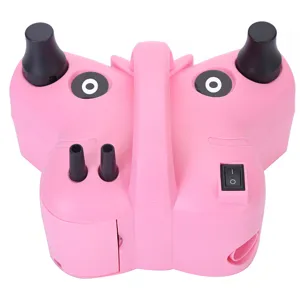 Pink electric balloon pump detail view, dual nozzle design, portable inflation tool, close up.