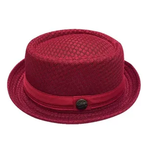 Sombrero fedora de malla roja transpirable con banda y hebilla metálica decorativa