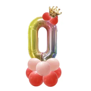 Globo de aluminio con número 0 degradado con corona y globos rosas para fiesta de cumpleaños