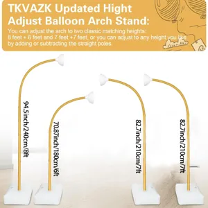 Adjustable balloon arch stand detail showing various heights and bendable golden poles clearly.