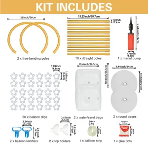 Balloon arch kit components detail view showing dimensions and parts included for party decor.