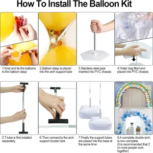Balloon arch support kit installation guide showing step-by-step assembly instructions.