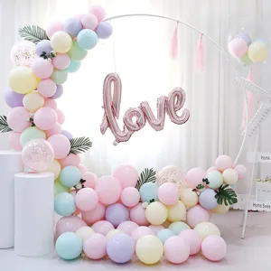 Detailansicht des dekorativen Pastell-Ballongbogen-Kits mit rundem Rahmen und Ballon.