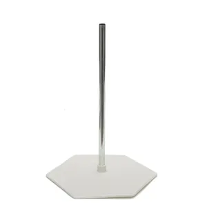 Metal rod and hexagonal base detail of balloon arch stand component for party decoration setup.