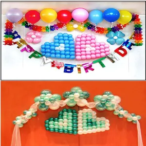 Balloon decoration scene detail showing heart and flower balloon arches for party setups.