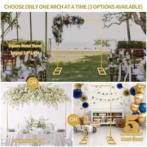 Conjunto de soporte de arco de boda de metal, barra de mesa ajustable y marco cuadrado.