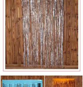 Glossy tinsel fringe curtain for party wedding background decoration, shiny metallic foil backdrop.