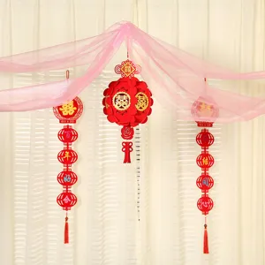 Wedding decoration crystal tulle gauze and red lanterns set for marriage room party backdrop.