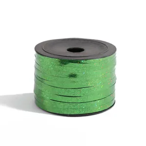 Holographic green ribbon spool for balloon packaging, wedding decoration, and gift wrapping.