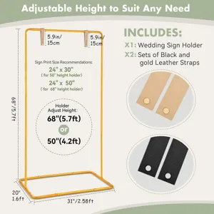 Détail du support de panneau de mariage réglable avec dimensions, arc et sangles en or.