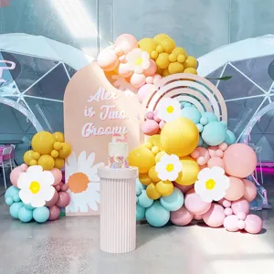 Balloon arch kit backdrop setup with pastel balloons, daisy flowers and arch stands.