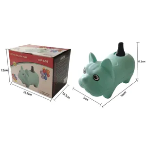 Electric balloon pump detail view, mint green french bulldog design with box.