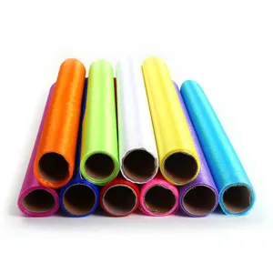 Colorful crystal tulle fabric rolls for wedding decoration, floral packaging and party backdrop.
