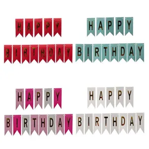 Birthday party celebration banner detail showing colorful fishtail paper flags close up.