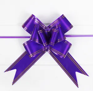 Large purple gold-striped pull bow for wedding car decoration, gift packaging and celebration.