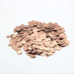 Close up detail of 1.5cm rose gold round foil confetti sequins, perfect for balloon filling.