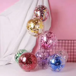 Detailed view of transparent bobo balloons filled with colorful confetti dots for party decor.