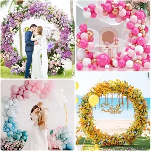 Iron round wedding arch backdrop stand with balloons and flowers for party decor detail view.