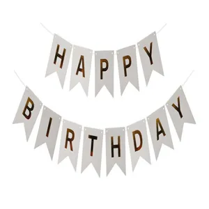 White swallowtail birthday banner with happy birthday letters for party decor detail.