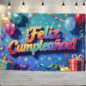 Square sequin backdrop detail with birthday party text balloons and festive gift decorations.