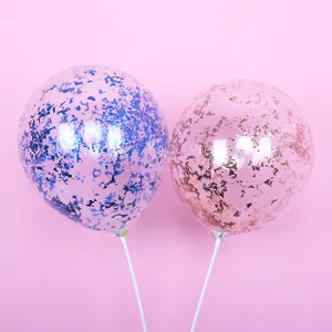 Clear confetti balloons with sticks detail shot, perfect for birthday party decorations.