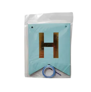 Blue fishtail birthday banner flag with shiny gold foil letter H party decoration set.