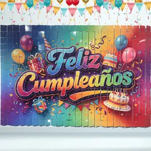Square sequin wind panel birthday party background wall with colorful Feliz Cumpleanos print.