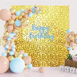 Vue détaillée d'un mur de fond à sequins brillants avec arche de ballons pastel pour fête.