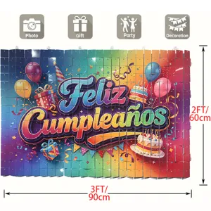 Detailed view of square sequin backdrop for birthday party, colorful rainbow design.