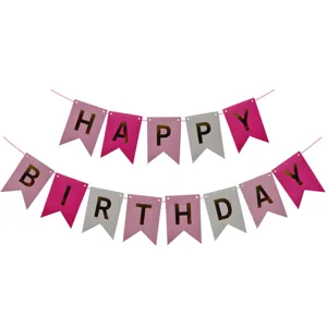 Birthday party decorative pull flag banner, pink fish-tail flags with gold letters HAPPY BIRTHDAY.