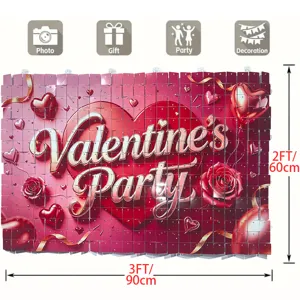 Red sequin backdrop detail showing Valentine party heart design and size dimensions.