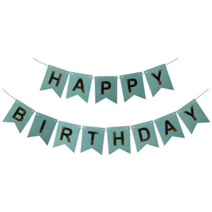 Blue birthday banner party decoration with gold letters happy birthday hanging garland