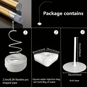 Balloon arch kit component details including flexible PVC pipes, water bags and base.