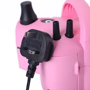 Electric balloon inflator portable air pump with UK plug and dual nozzles for easy use.