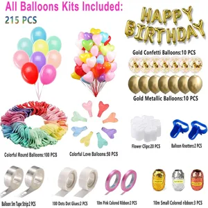 215pcs birthday balloon kit party decoration set with confetti metallic heart balloons