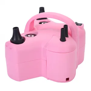 Detailed view of the pink electric balloon inflator, showing multiple black nozzles and handle.