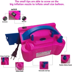 Electric balloon pump with dual nozzles, portable handle, and automatic/manual switch modes.