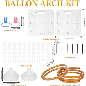 Details of balloon arch kit parts and size specifications for party decoration setup.