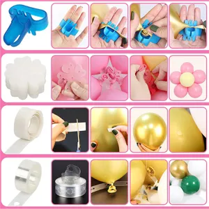 Balloon decoration tool set, including tying tool, flower clips, glue dots and balloon chain.