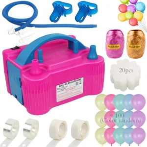 Electric balloon pump accessory set detail showing air pump, nozzles, ribbons and colorful balloons.