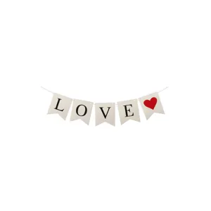White swallowtail banner with black LOVE letters and red heart for wedding party decoration