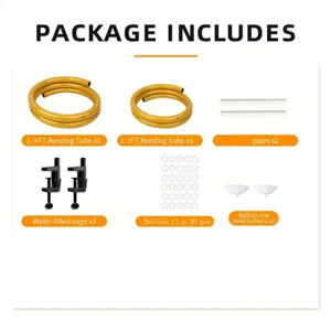 Detailed view of balloon arch stand kit showing bending tubes, clips, and assembly parts.