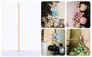 Balloon arch stand detail showing sturdy base and creative party decoration setup scenes.