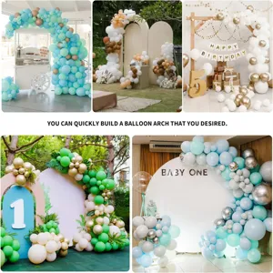 Balloon arch stand detail showing various party decoration setups and colorful balloon arrangements.