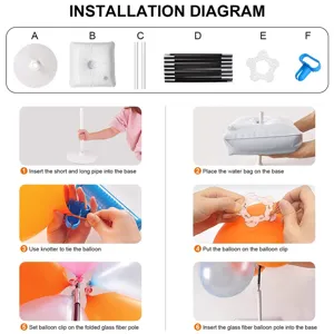Balloon arch stand installation guide showing base, water bag, poles, and clips for party decor.