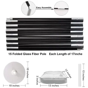 Balloon arch stand detail showing 15 folded glass fiber poles, base, and water bag.