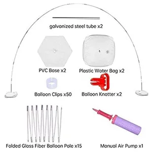 Balloon arch kit replacement parts breakdown showing poles, bases, clips and manual pump.