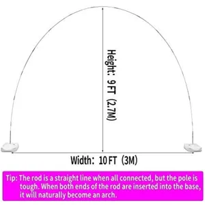 Balloon arch stand replacement rod detail showing 9ft height and 10ft width dimensions.